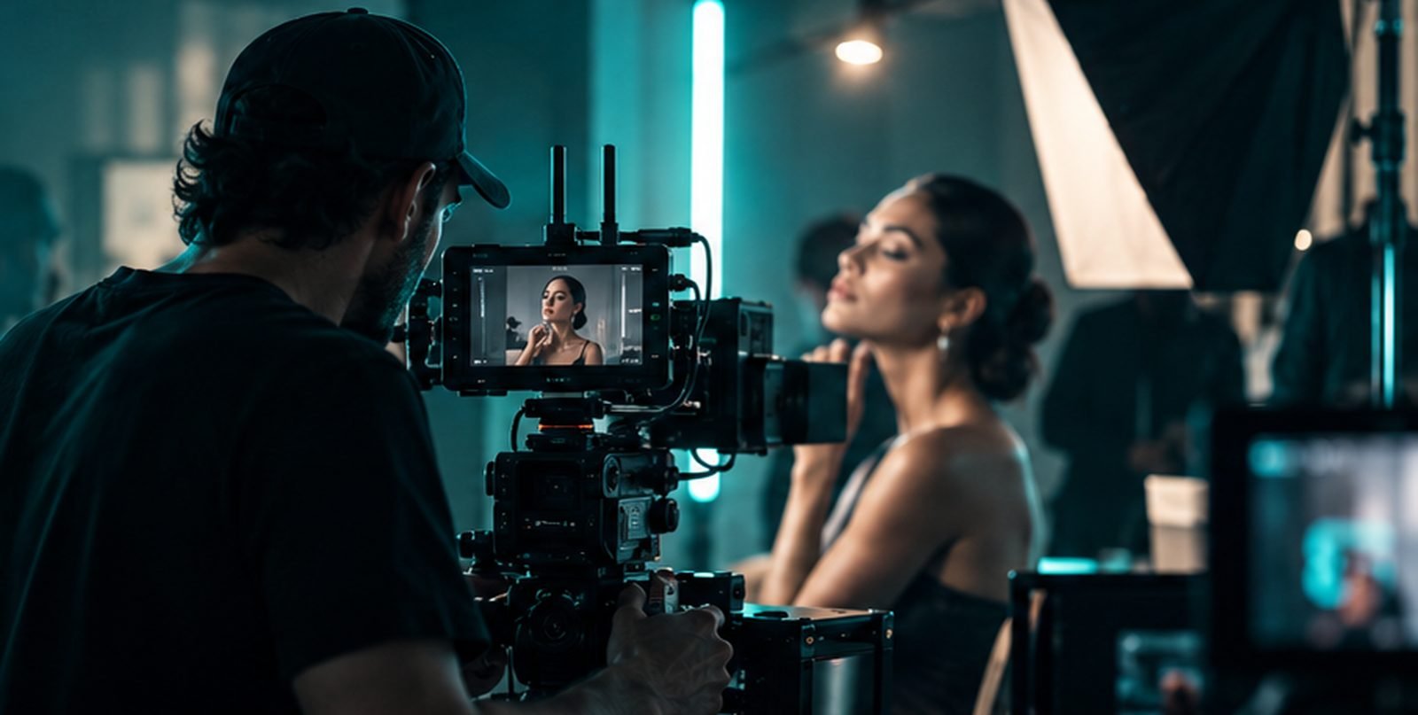 Rodaje audiovisual con iluminación cinematográfica en tonos azul petróleo y turquesa