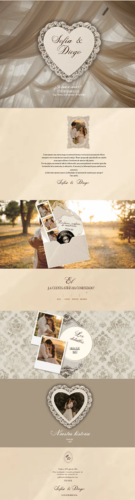 Invitación digital de boda en tonos beige con corazón de encaje, historia, cuenta regresiva y detalles del día